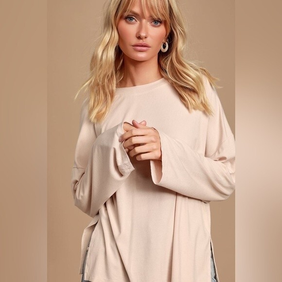 Lulus Sz S Mercurio Beige Ribbed Long Sleeve Top - Picture 8 of 11